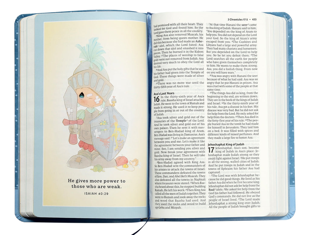 Close-up of ICB Precious Moments Bible, showcasing blue cover with Precious Moments design