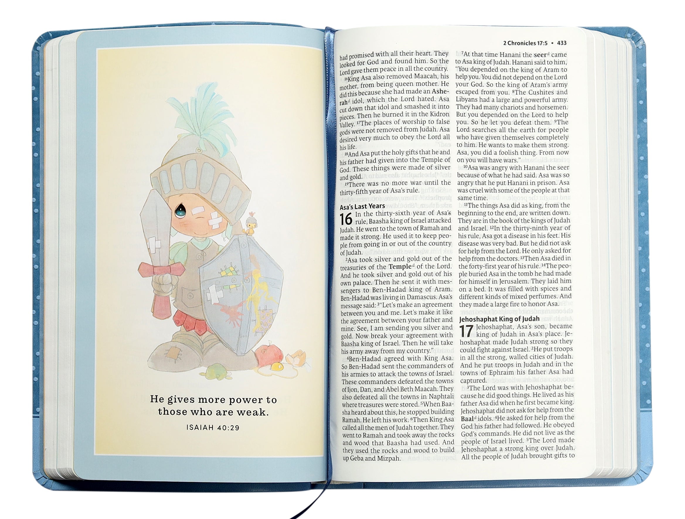 Close-up of ICB Precious Moments Bible, showcasing blue cover with Precious Moments design