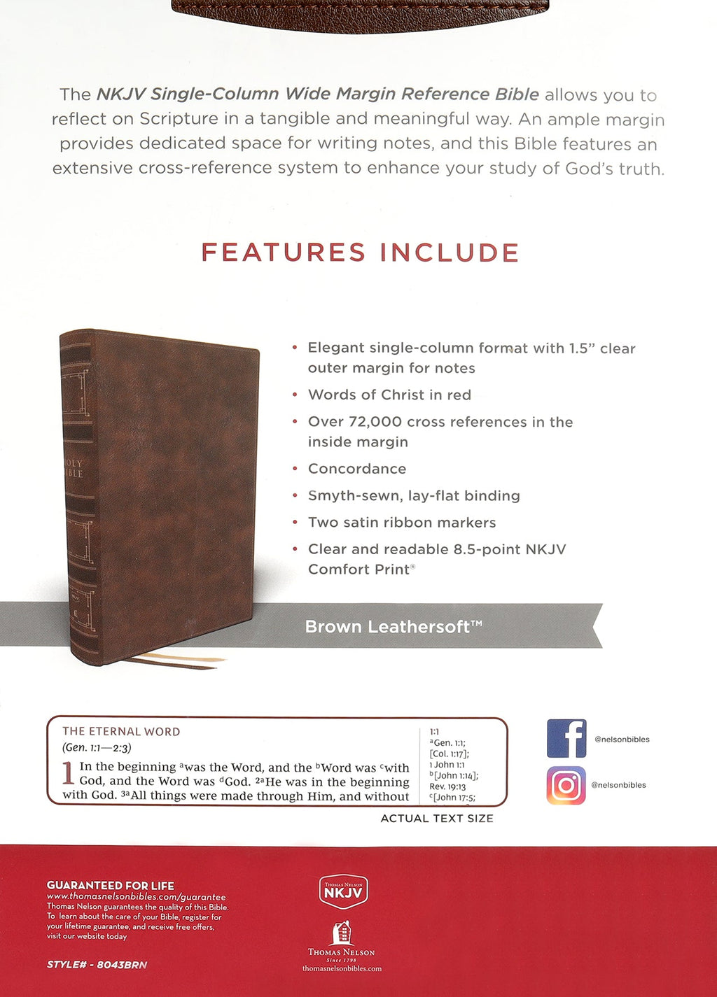Front cover of NKJV Single-Column Wide-Margin Reference Bible in Brown leather cover with Red Letter Edition