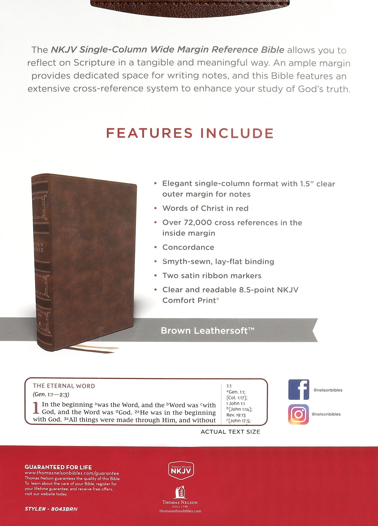 Front cover of NKJV Single-Column Wide-Margin Reference Bible in Brown leather cover with Red Letter Edition
