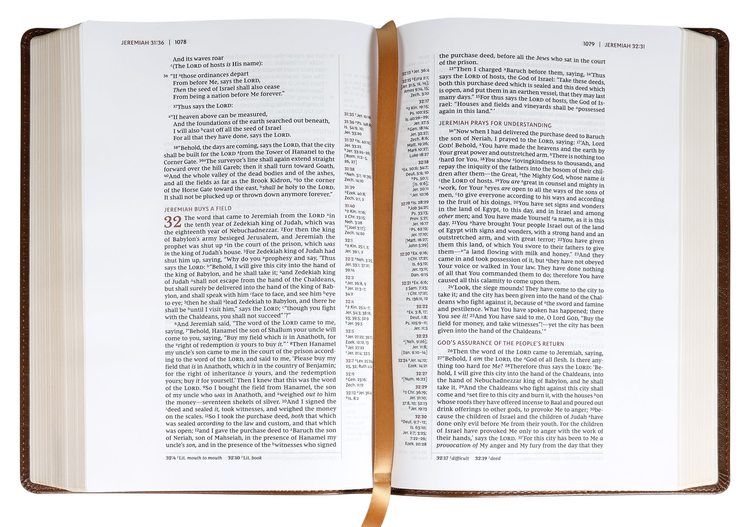 NKJV Single-Column Wide-Margin Reference Bible open to a Bible verse in Brown leather cover with Red Letter Edition