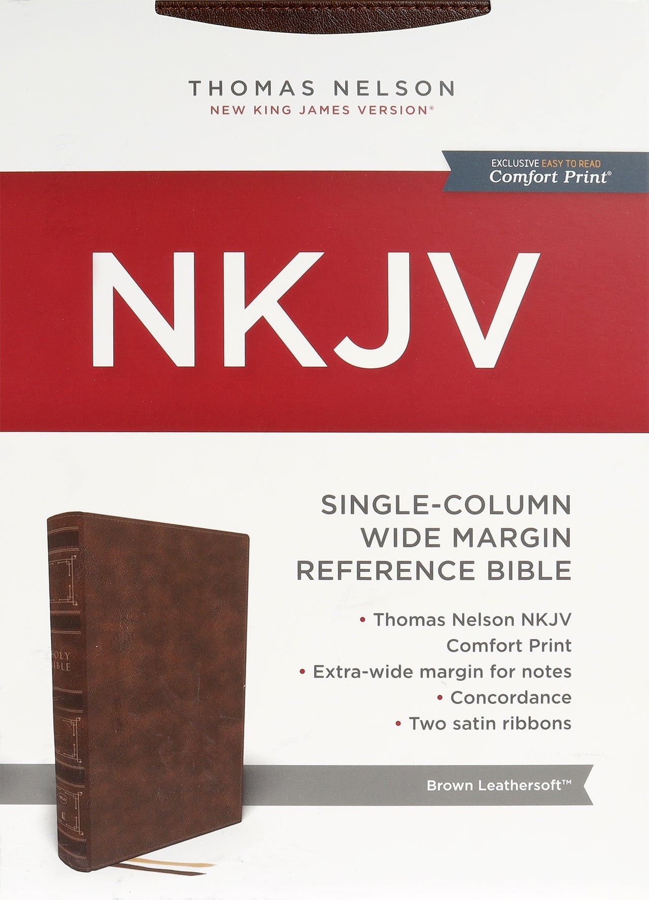 Side view of NKJV Single-Column Wide-Margin Reference Bible in Brown leather cover with Red Letter Edition