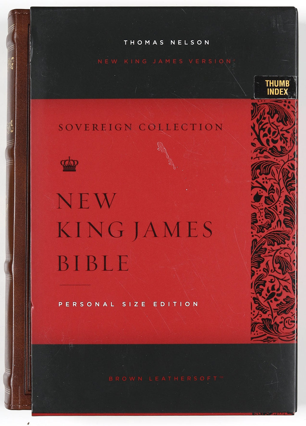 NKJV Personal Size Reference Bible featuring red letter edition in brown leather