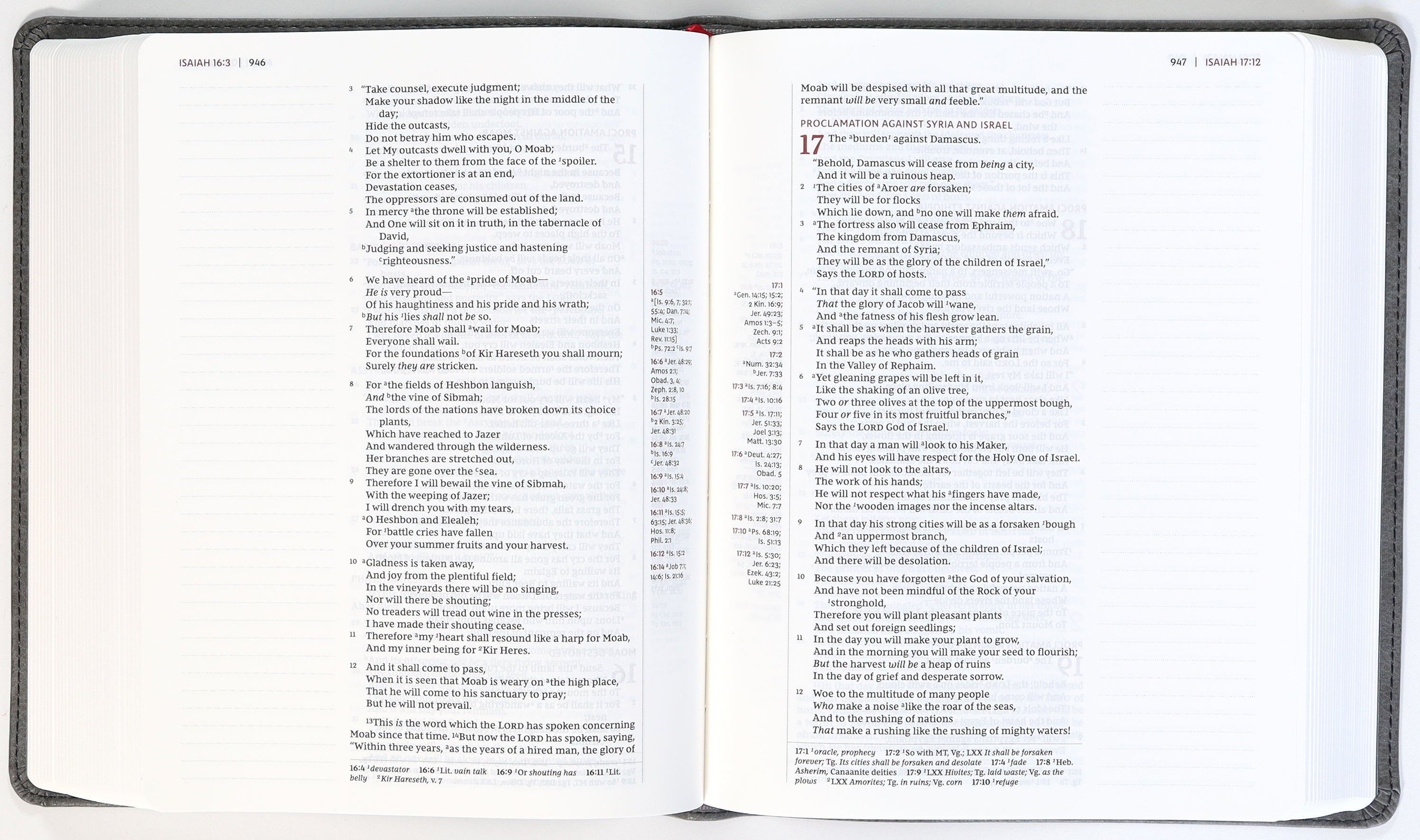 NKJV Journal Reference Bible Red Letter Edition with Verse Art Cover on a shelf