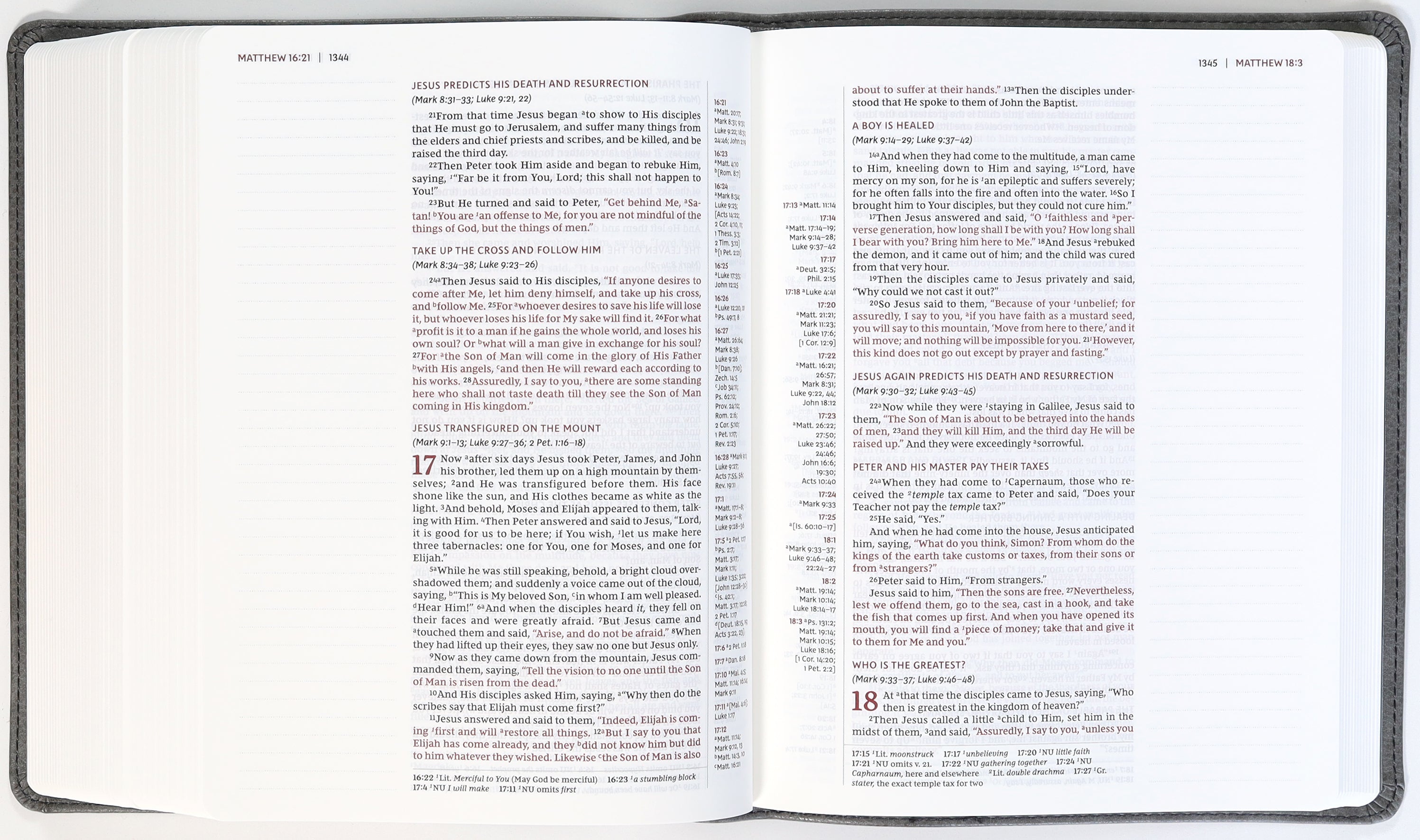 NKJV Journal Reference Bible Red Letter Edition with Verse Art Cover in a reading space