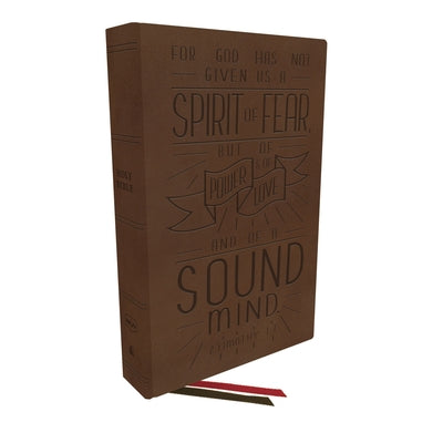 Brown verse art cover on NKJV personal size reference Bible with red letter edition