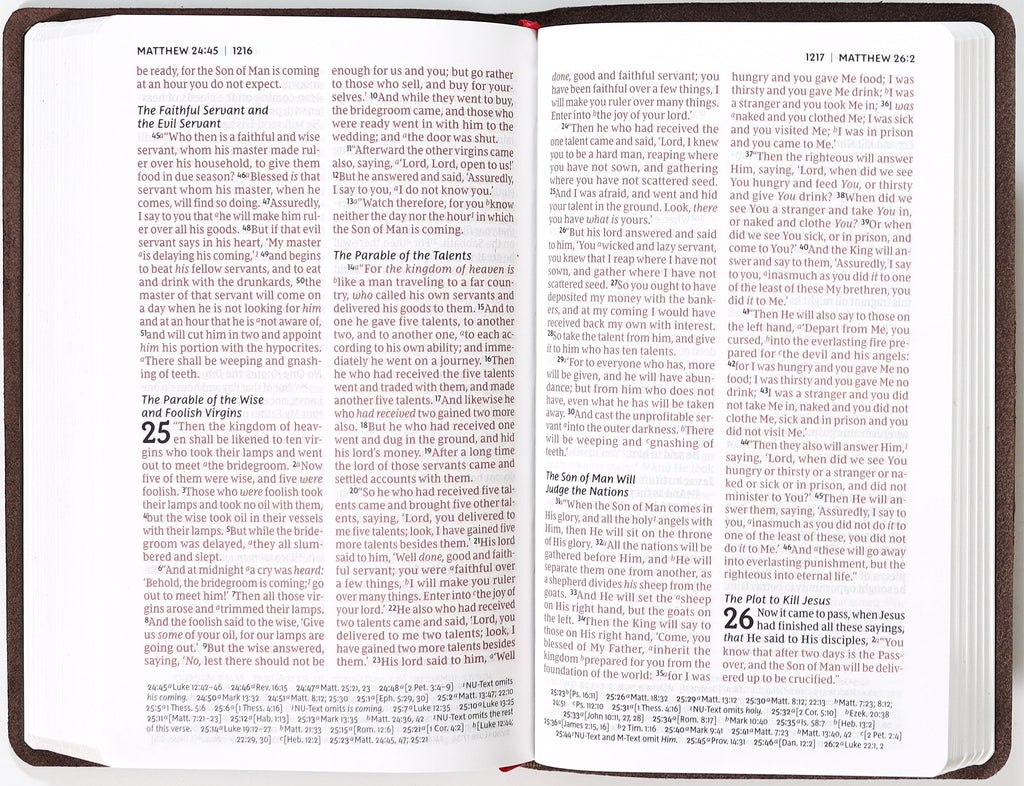 Brown verse art cover on personal size NKJV reference Bible with red letter edition