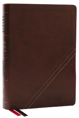 Close-up of brown NKJV Word Study Reference Bible, red letter edition