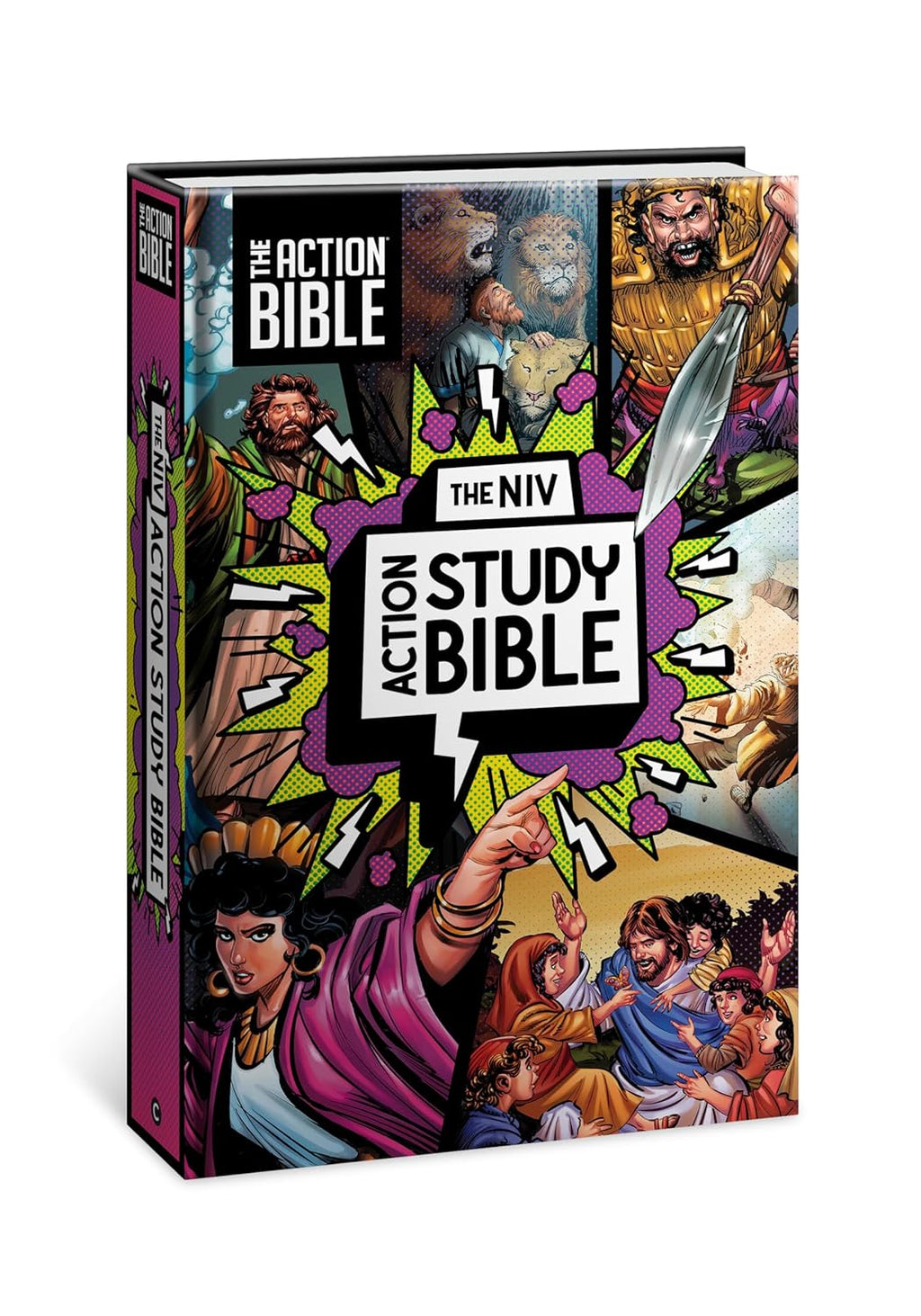 A close-up of the NIV Action Study Bible for Kids, featuring engaging illustrations and notes designed for young readers to d