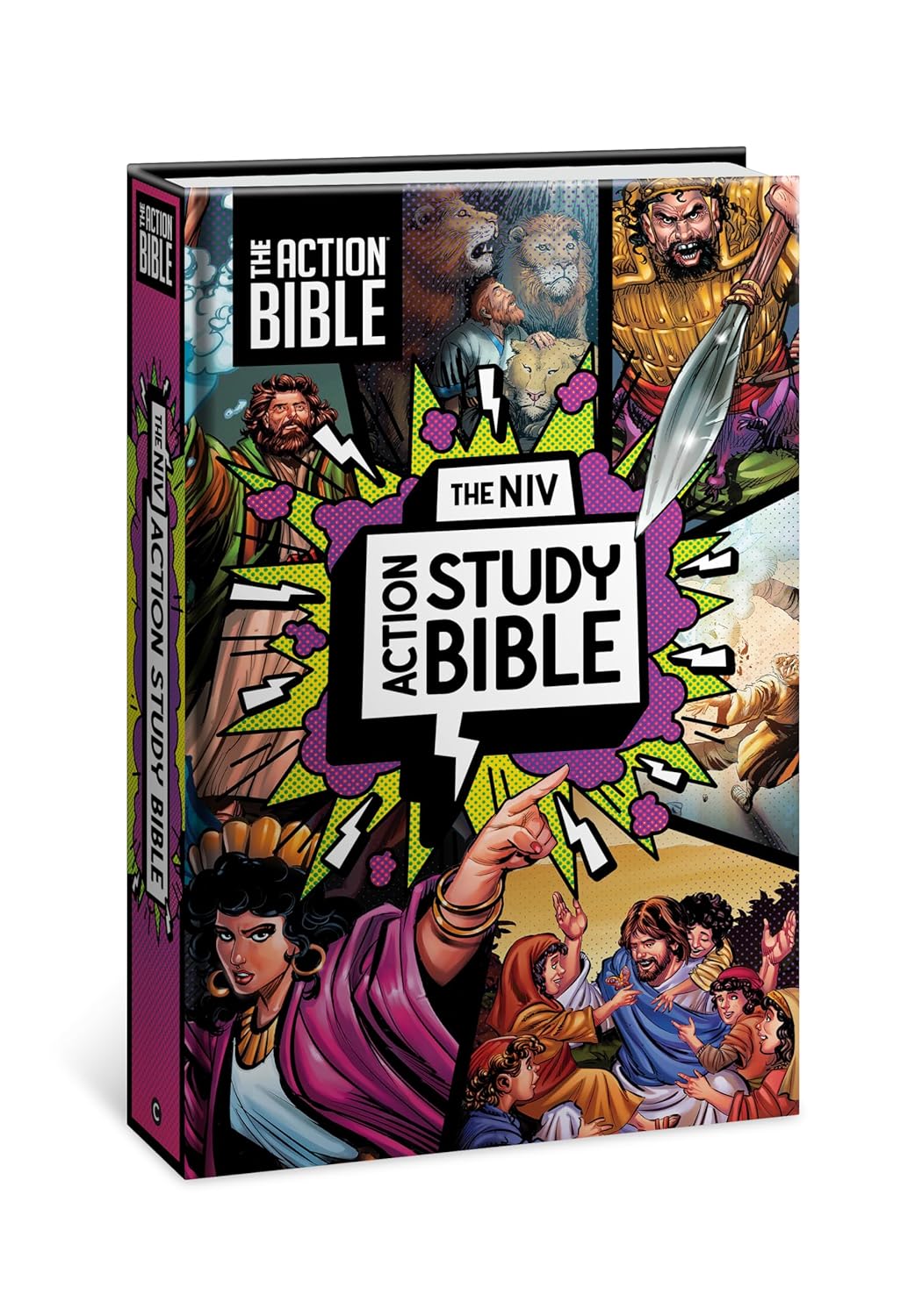 A close-up of the NIV Action Study Bible for Kids, featuring engaging illustrations and notes designed for young readers to d
