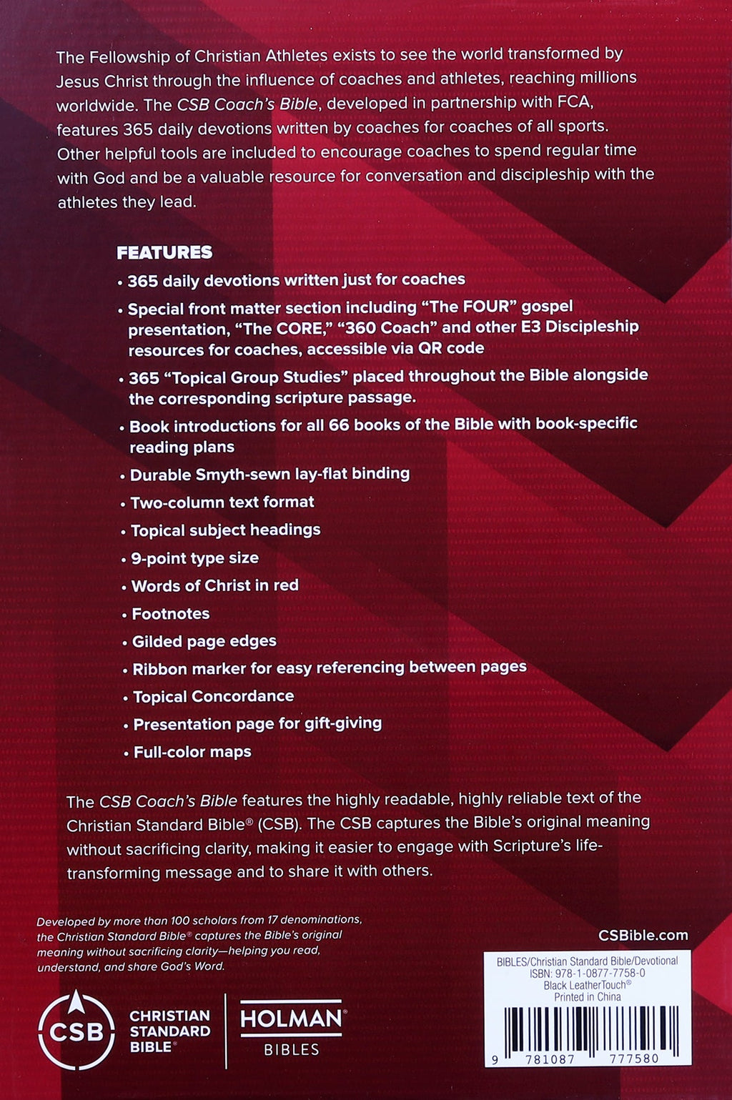 Close-up of luxury leather bound CSB Coach's Bible in red letter edition