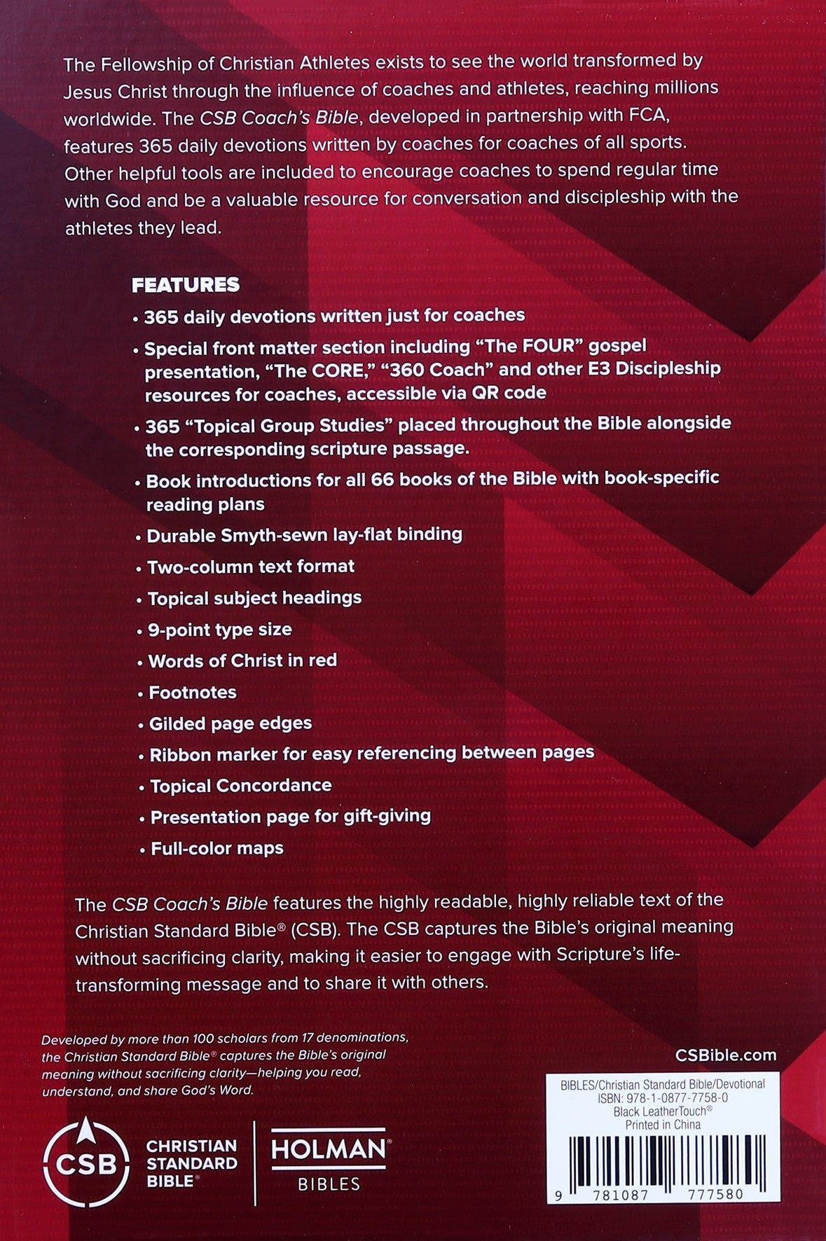 Close-up of luxury leather bound CSB Coach's Bible in red letter edition