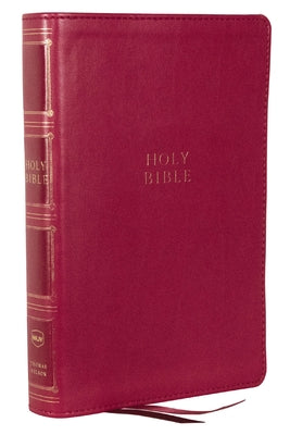 NKJV Compact Center-Column Reference Bible, dark rose leather edition with red letter text.