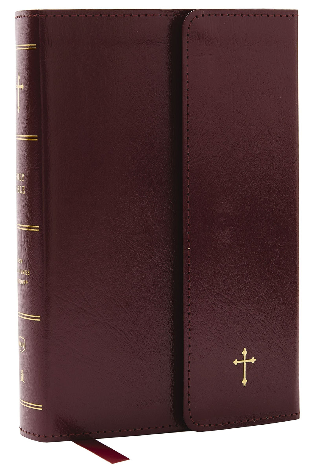 Compact NKJV Bible with Red Letter Edition in burgundy leather binding.