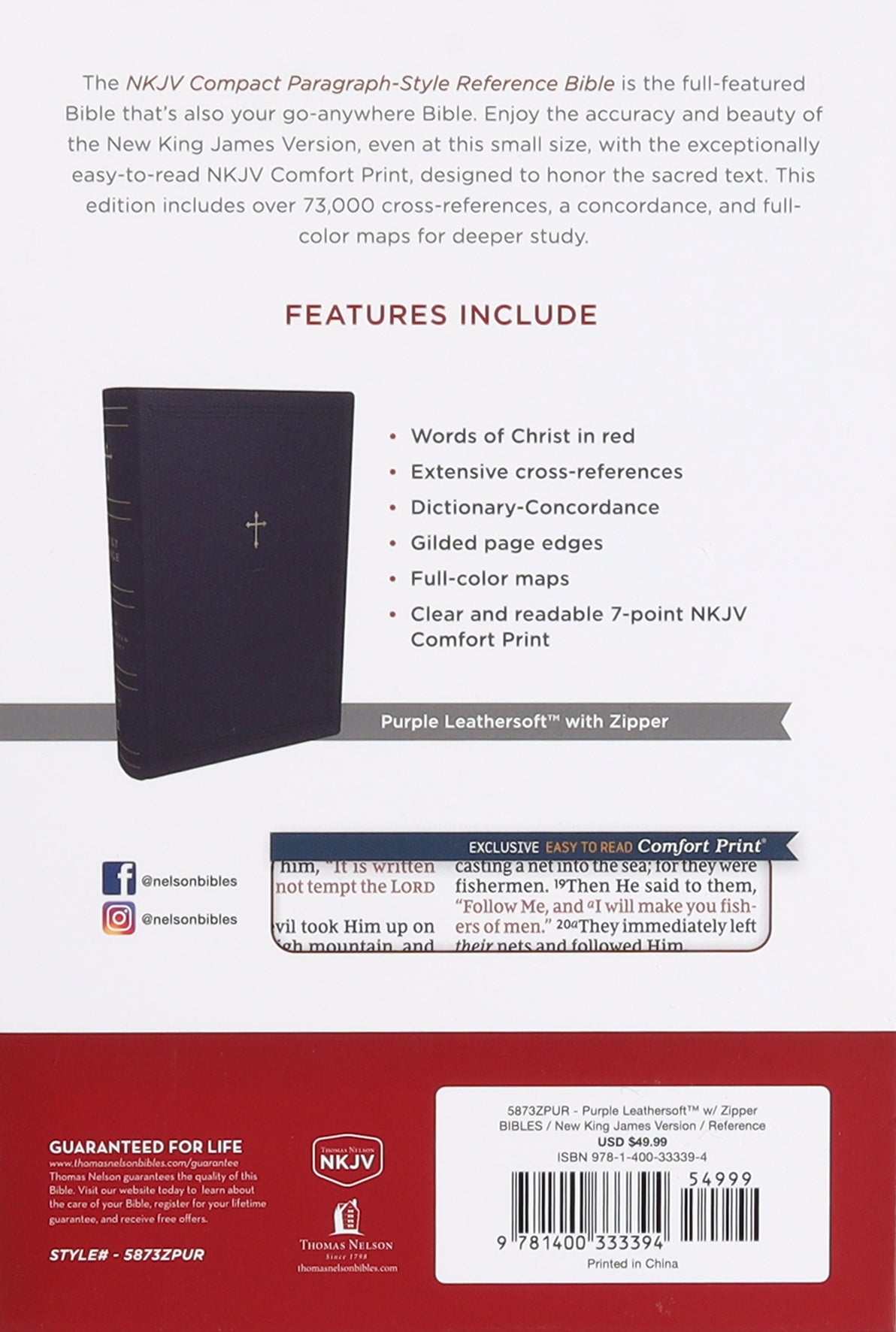 Purple NKJV Compact Bible with zipper, red letter edition