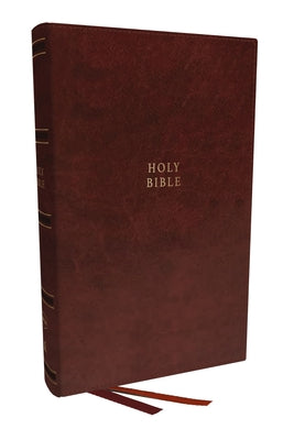 Close-up of NKJV Single-Column Reference Bible, red letter edition, with thumb index and brown design