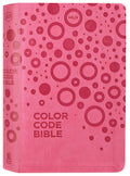 NKJV Color Coded Bible for Kids, a kid-friendly Bible with colorful learning tools, pink leather cover.