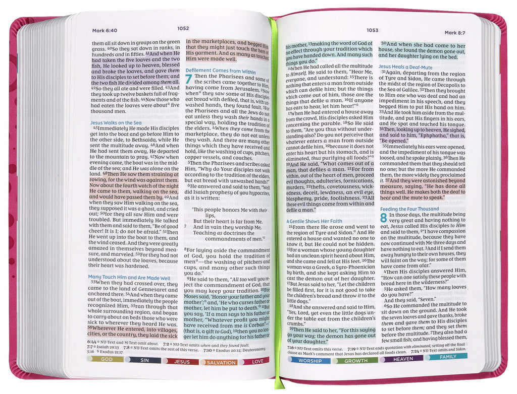 Colorful NKJV Bible for Kids, with learning tools and color coding, pink leather cover.