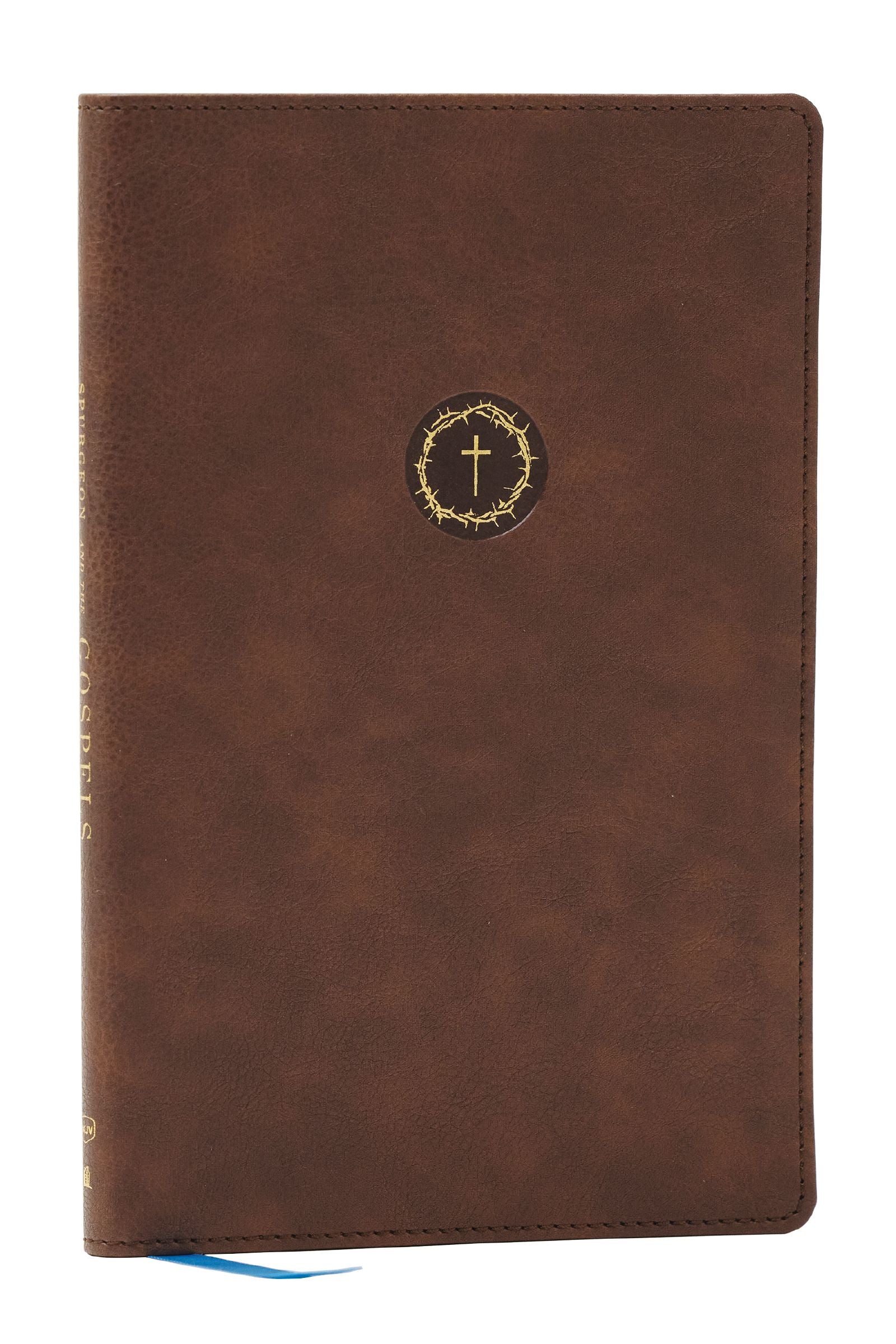 NKJV Spurgeon and the Gospels Brown Bible, a leather-bound edition featuring the Spurgeon study notes on the four Gospels.