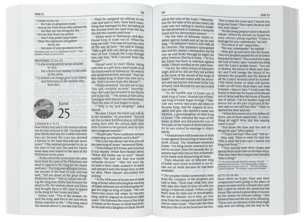 The premium slimline large print NIV One Year Bible in black letter edition, a compact and easy-to-use Bible for daily readin