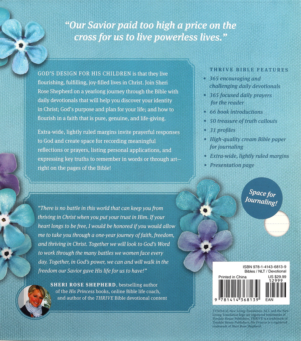 Black Letter Edition NLT Thrive Creative Journaling Devotional Bible with Blue Flowers cover