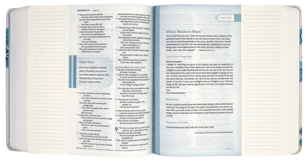 Blue Flowers NLT Thrive Devotional Bible in Black Letter Edition