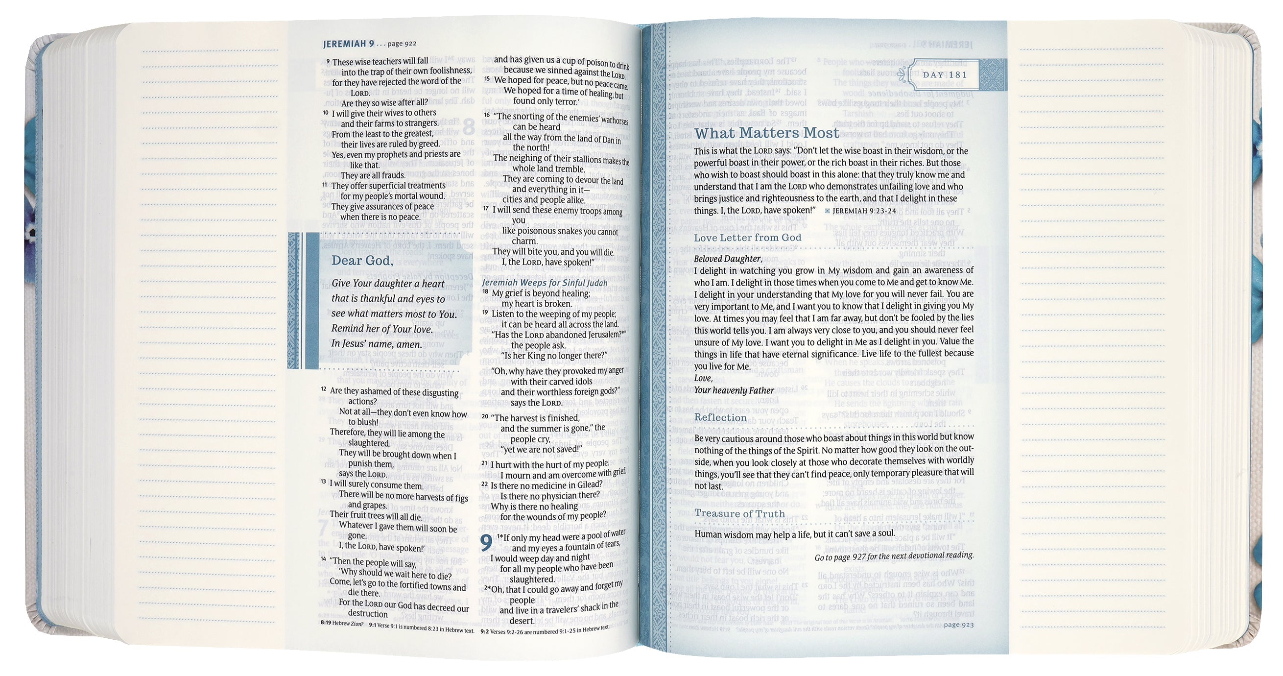 Blue Flowers NLT Thrive Devotional Bible in Black Letter Edition
