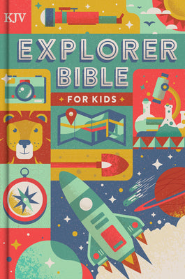Close-up of the KJV Explorer Bible for Kids, a Bible suitable for kids with various translations: NIV, NIrV, ICB, ESV, NKJV, 