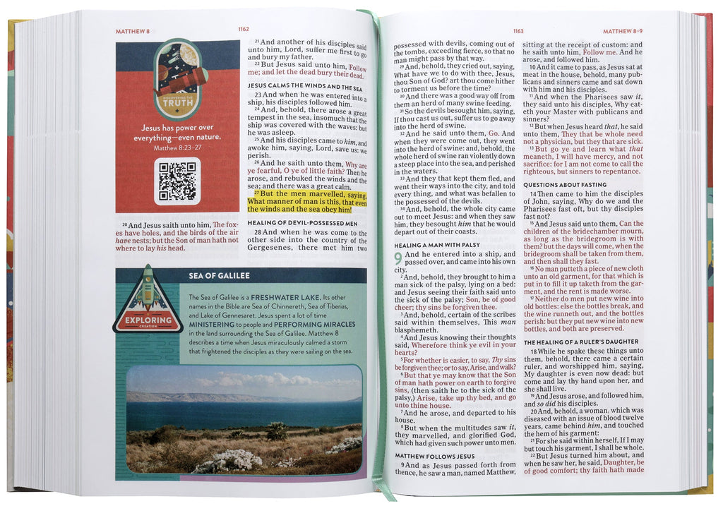 KJV Explorer Bible for Kids, a Bible designed for kids with multiple translations: NIV, NIrV, ICB, ESV, NKJV, NLT, CSB Optima