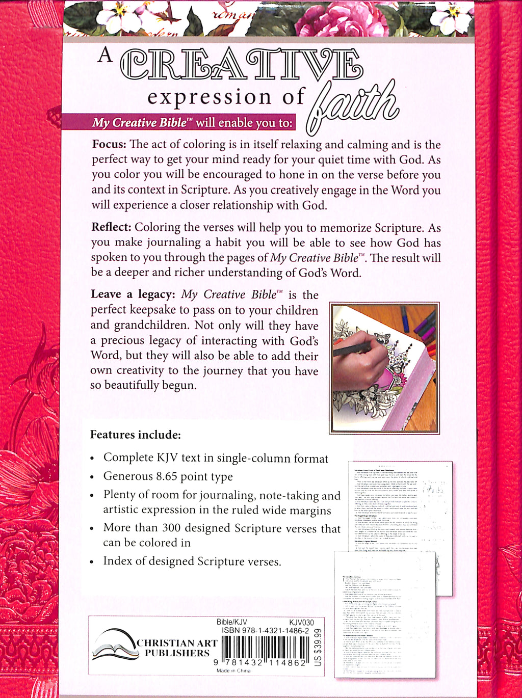 Close-up of Pink KJV My Creative Bible with Black Letter Edition, ideal for note-taking