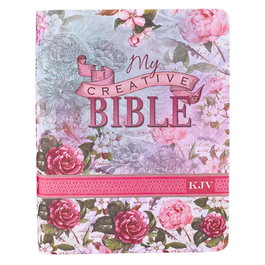 Black Letter Edition KJV Bible journal with silky floral cover, perfect for creative notes and inspiration.