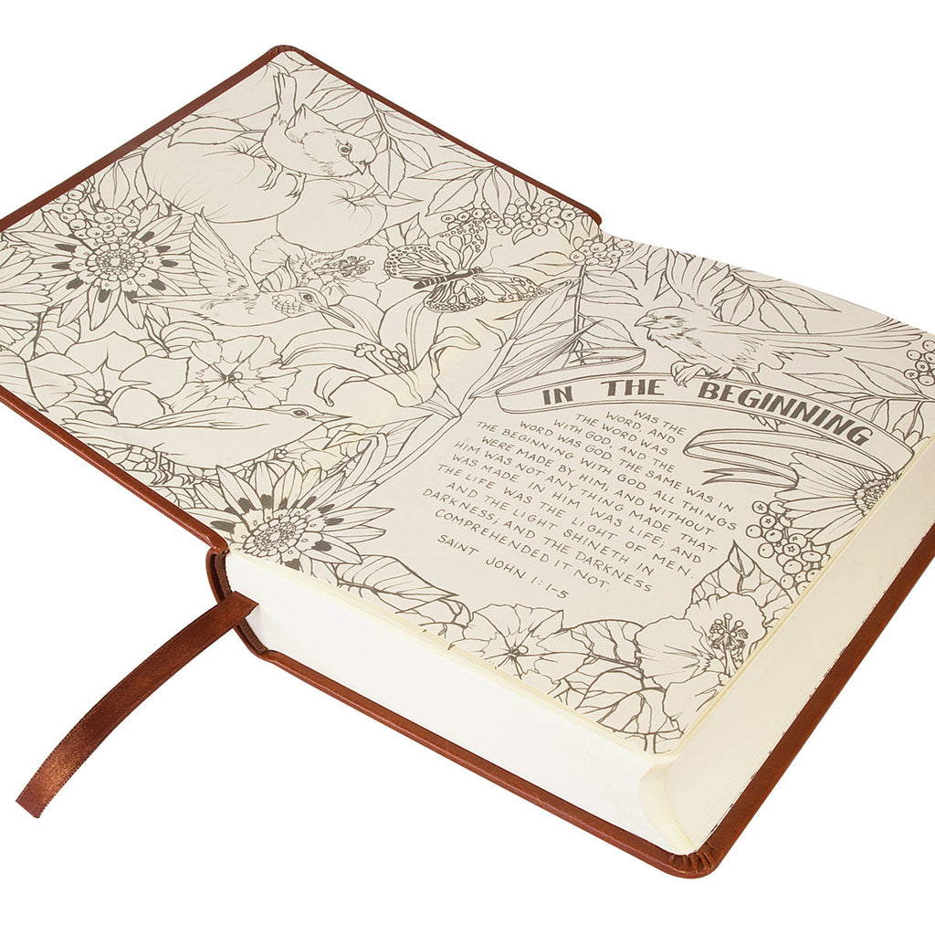 Close up of KJV Creative Journaling Bible Brown cover