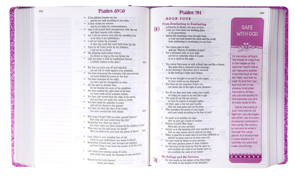 Close-up of the ESV Creative Bible Purple Glitter Edition's cover