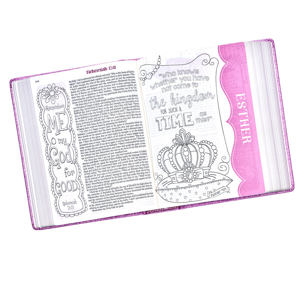 Side view of the ESV Creative Bible Purple Glitter Edition