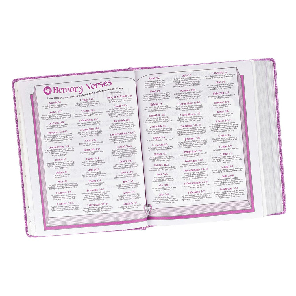 ESV Creative Bible Purple Glitter Edition on a shelf or bookcase