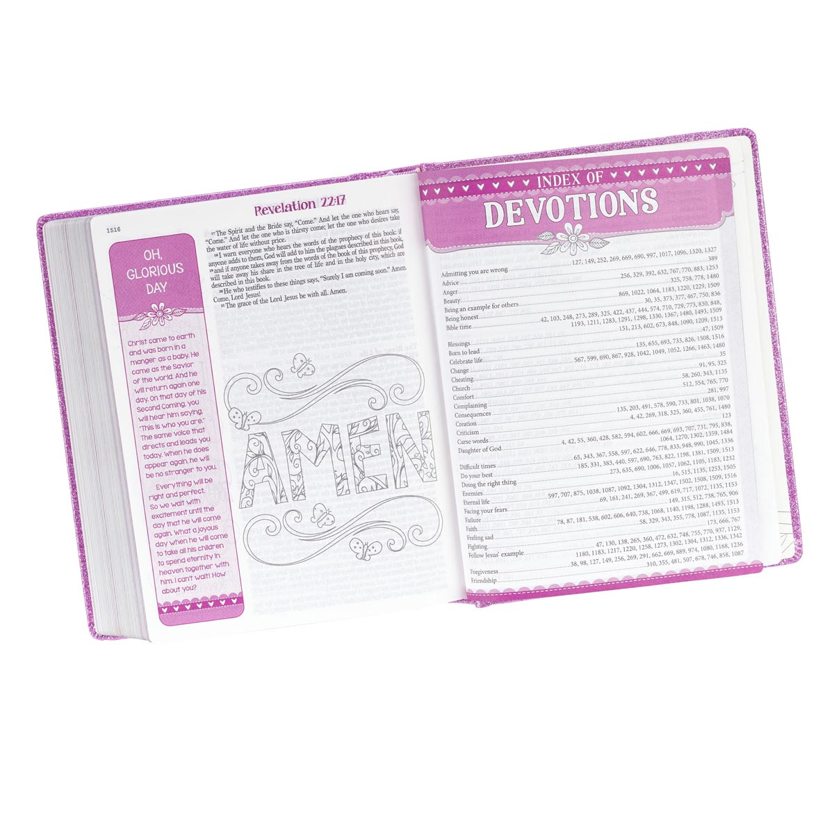 ESV Creative Bible Purple Glitter Edition with a bookmark or ribbon
