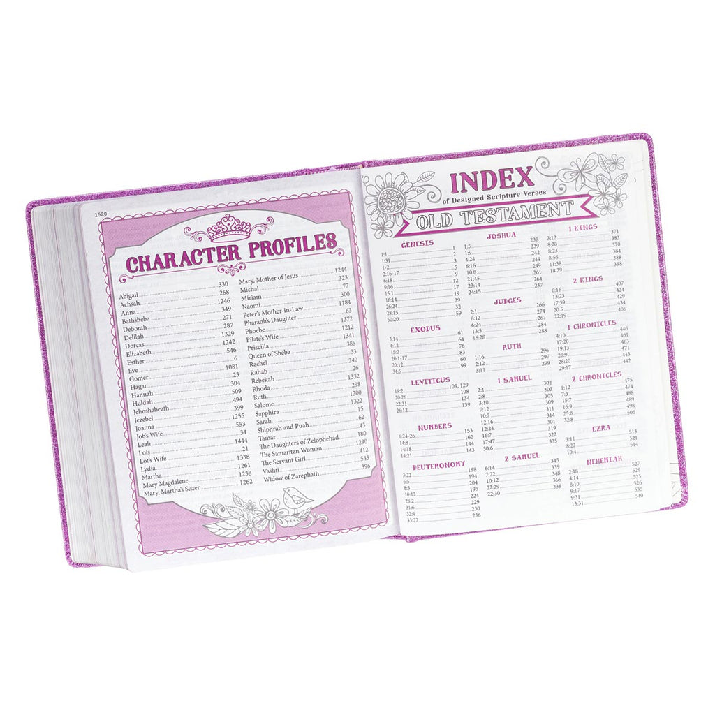 ESV Creative Bible Purple Glitter Edition with a pen or pencil