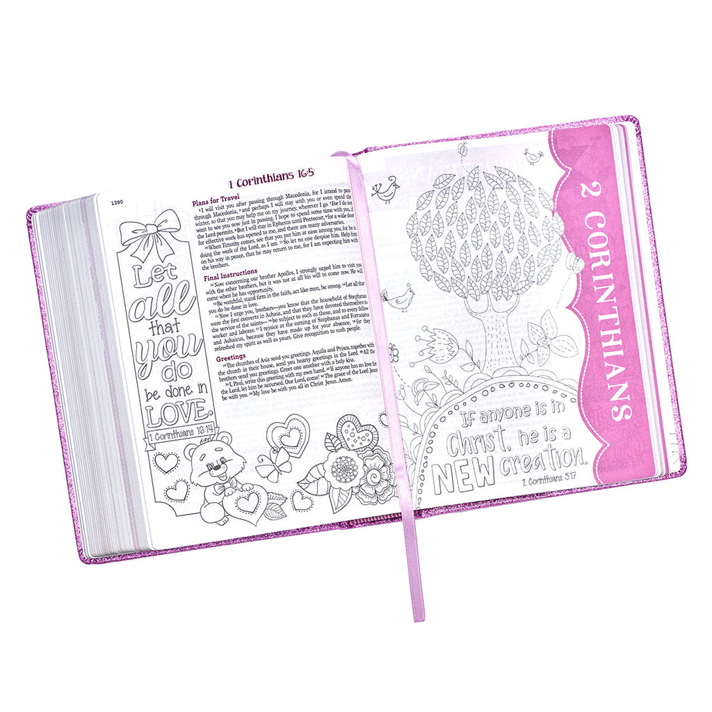 Top view of the ESV Creative Bible Purple Glitter Edition
