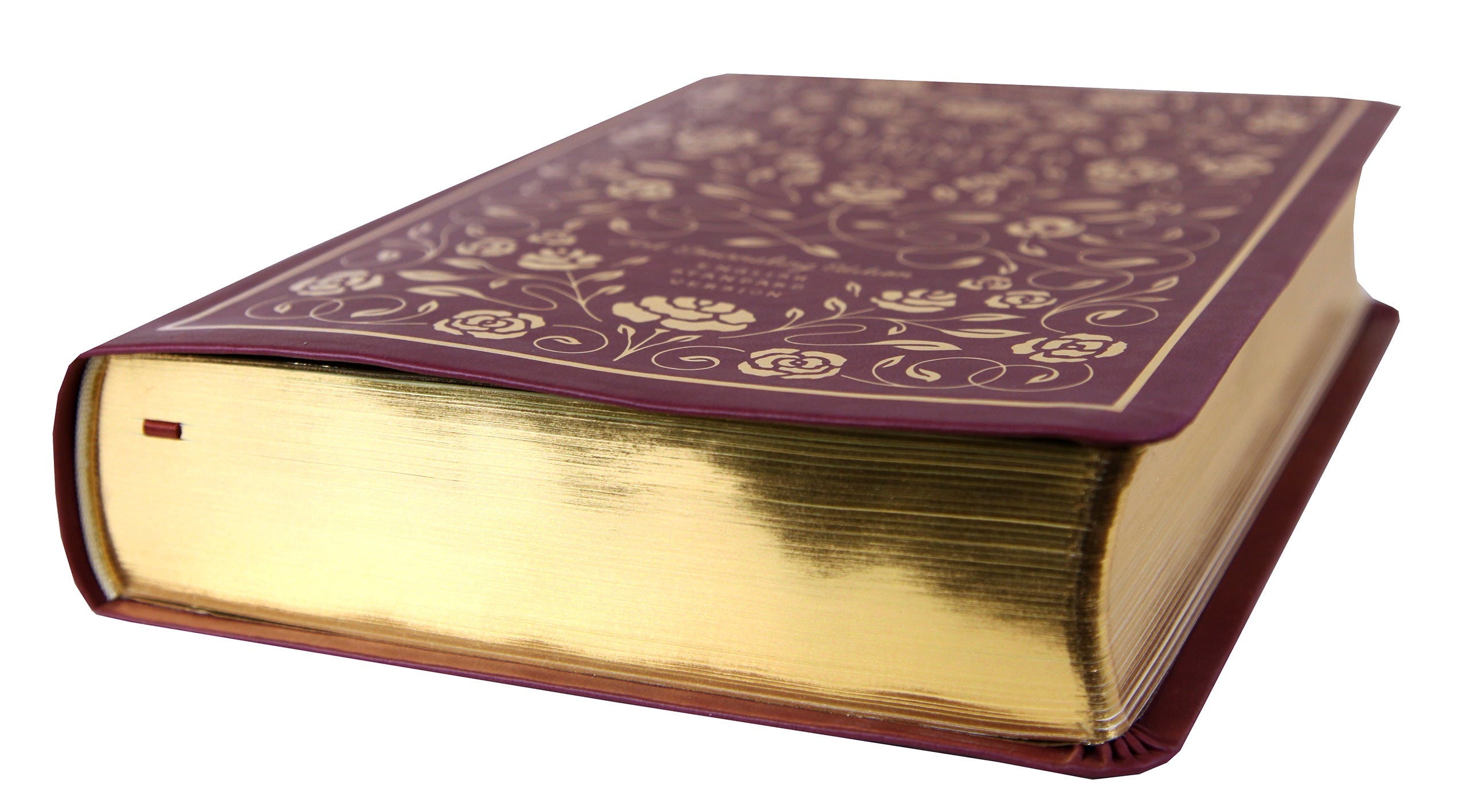 ESV Illuminated Bible Art Journaling Edition Black Letter, Burgundy Leather opened to a page