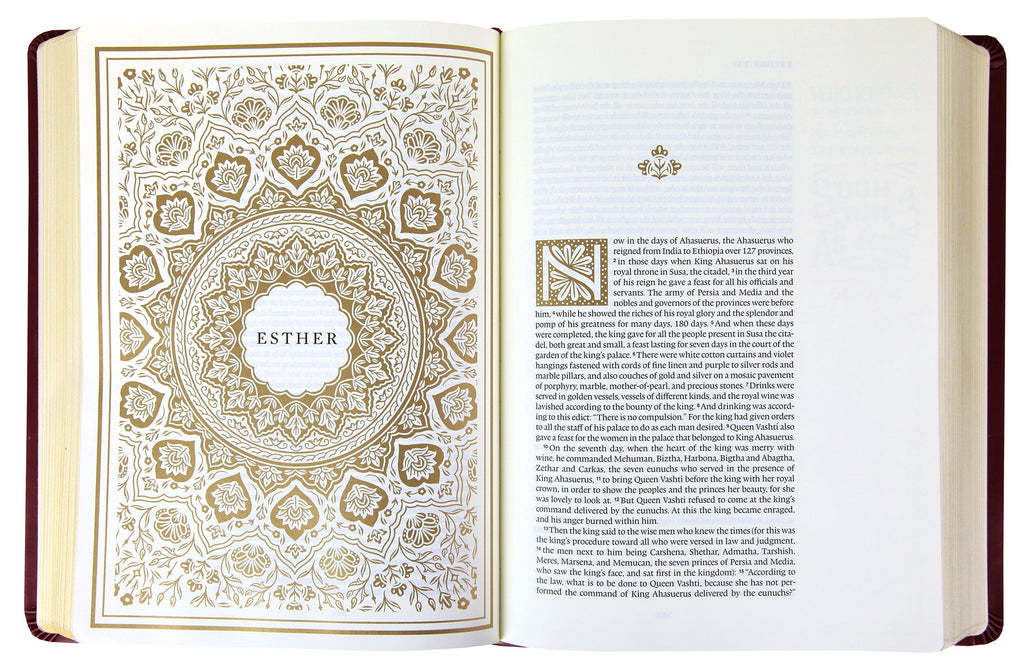 Close-up of the ESV Illuminated Bible Art Journaling Edition Black Letter, Burgundy Leather