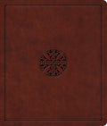 ESV Journaling Bible in black letter edition with a brown mosaic cross design for note taking and journaling.
