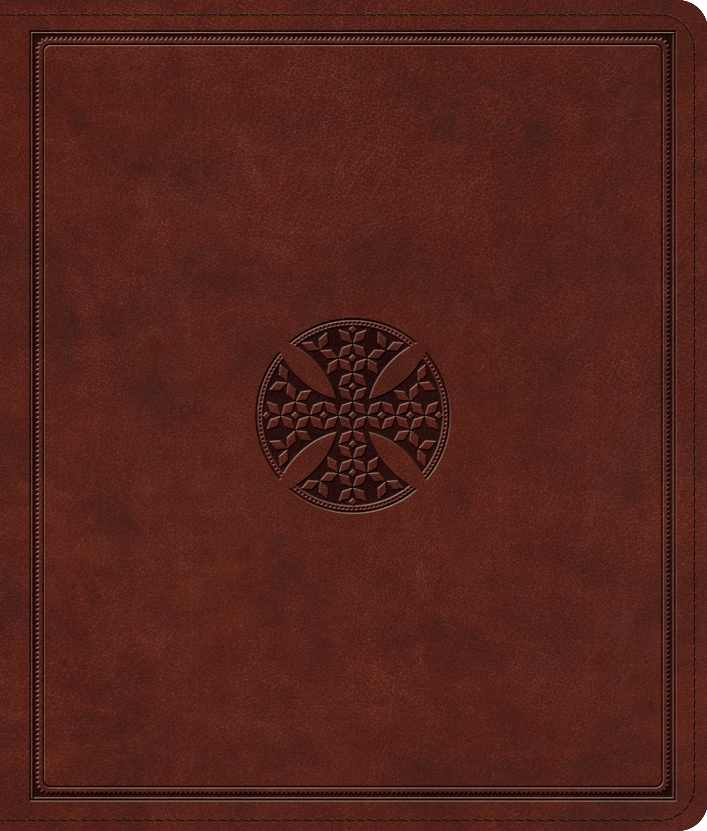 ESV Journaling Bible in black letter edition with a brown mosaic cross design for note taking and journaling.