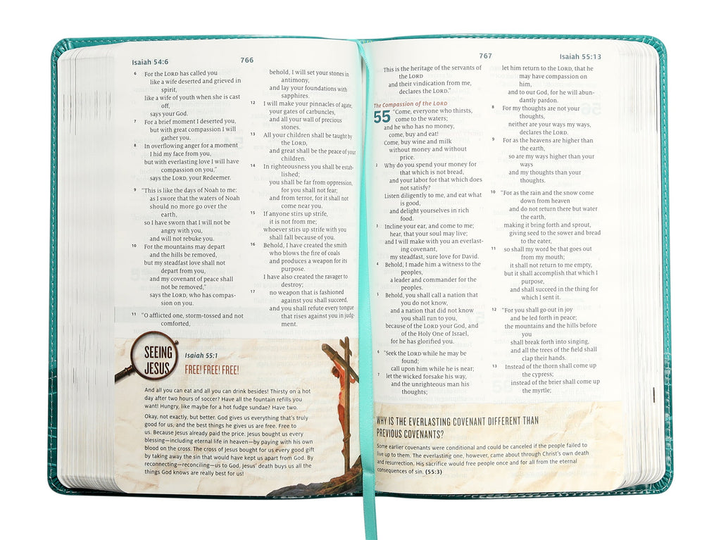 ESV Following Jesus Bible teal black letter edition open on a table