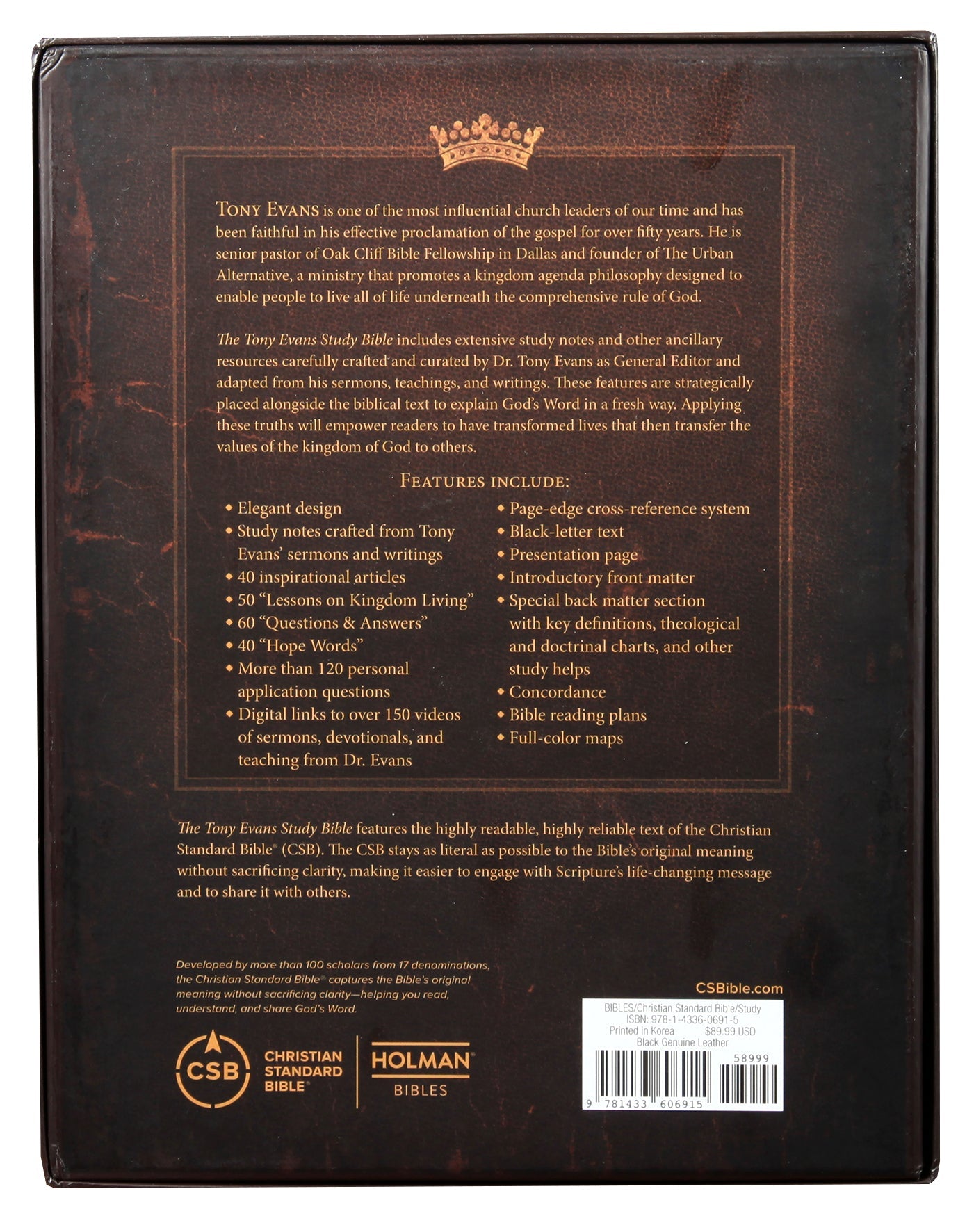 Close-up of CSB Tony Evans Study Bible Black (Black Letter Edition) leather cover