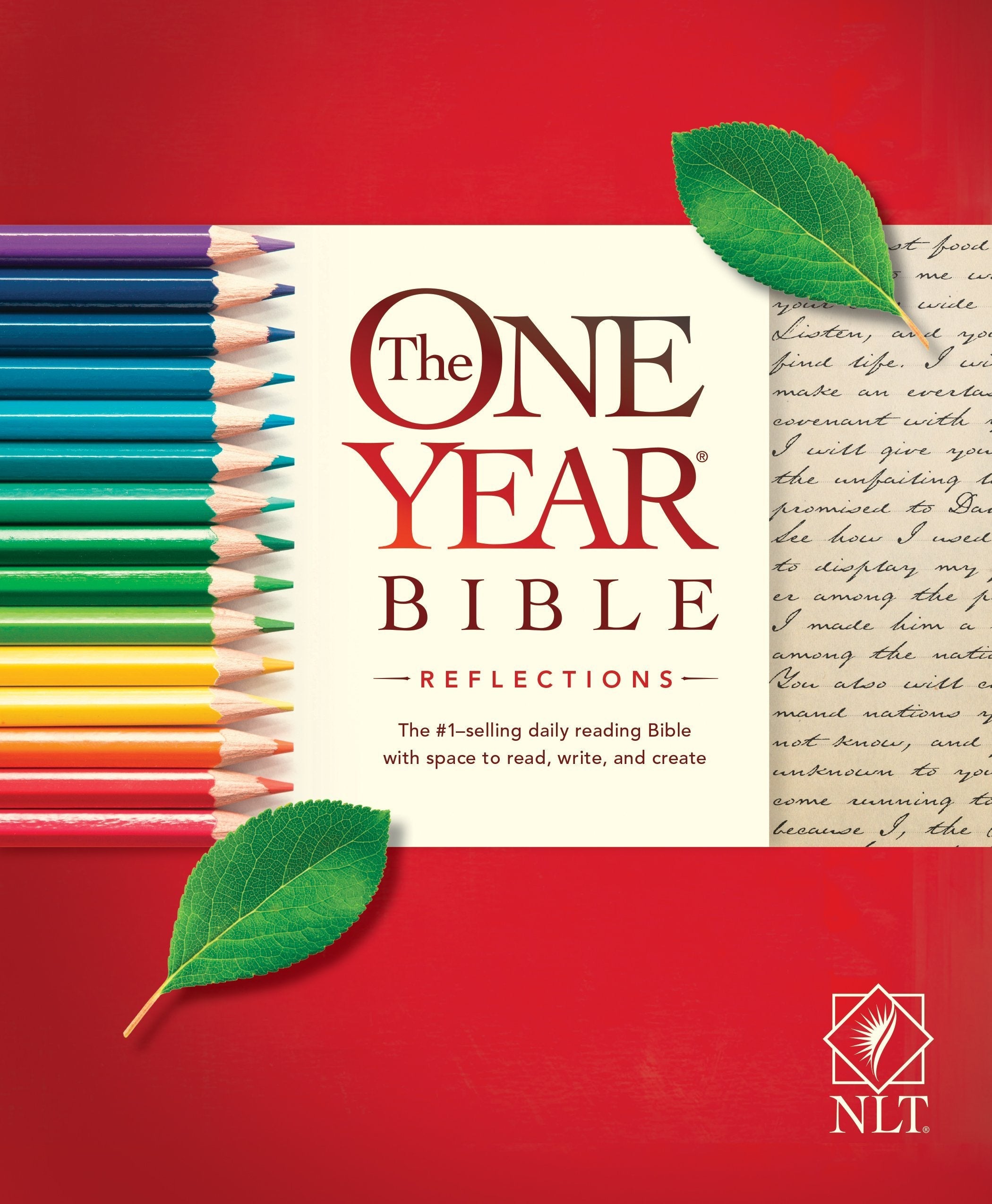 Close-up of the NLT One Year Bible Reflections with Study Notes book cover featuring a reflection image.