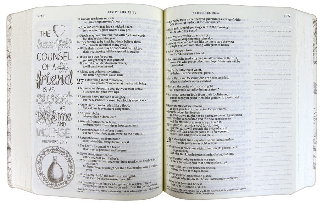 Close-up of NLT Inspire Bible Large Print Tranquil Blue (Black Letter Edition) for creative journaling