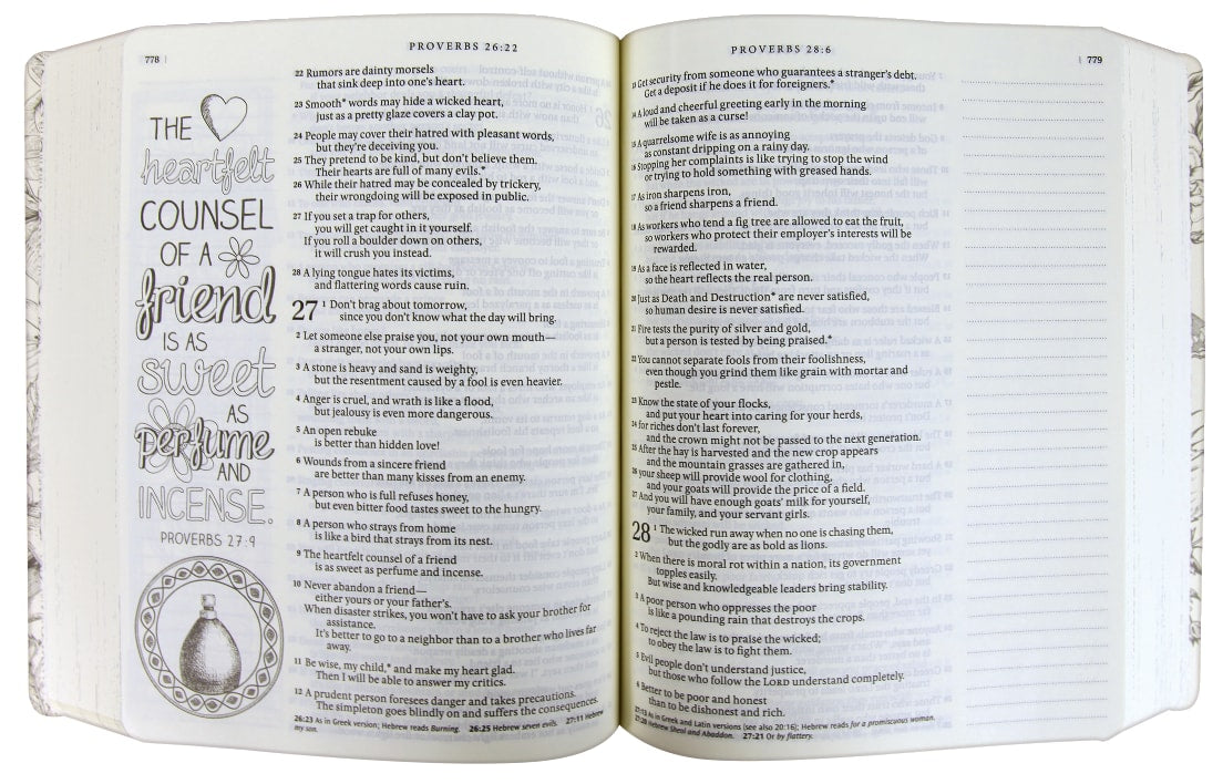 Close-up of NLT Inspire Bible Large Print Tranquil Blue (Black Letter Edition) for creative journaling
