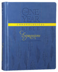 One Year Chronological Bible with devotional journaling space in blue leaves background, black letter edition.