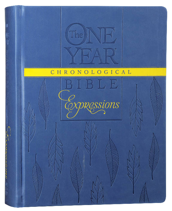 One Year Chronological Bible with devotional journaling space in blue leaves background, black letter edition.