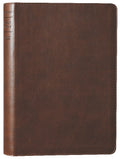 NLT Large Print Thinline Reference Bible in rustic brown leather with red lettering and a Filament Enabled Edition